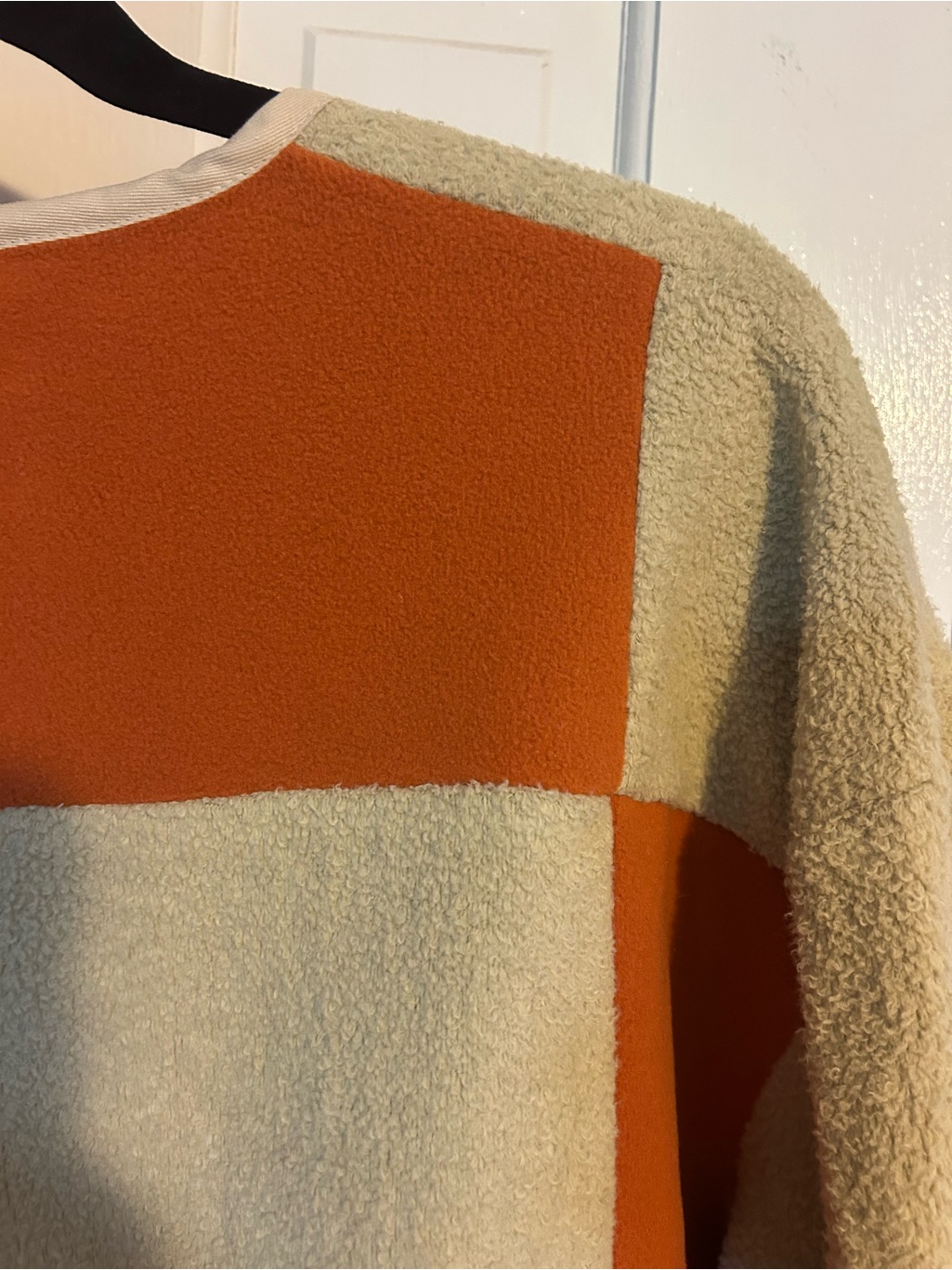 Open-Front Fleece Cardigan In Beige With Rust Patchwork Lining — image 6 of 6